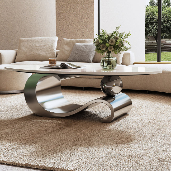 Marble Oval Coffee Table with Gray Stainless Steel Base5