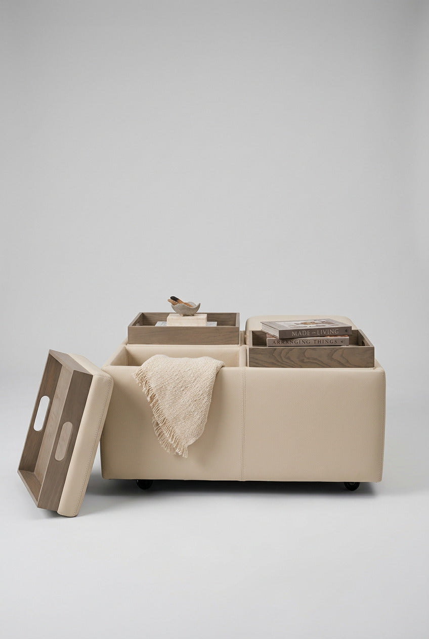Marin Ottoman - Bison White with Natural Walnut trays, styled