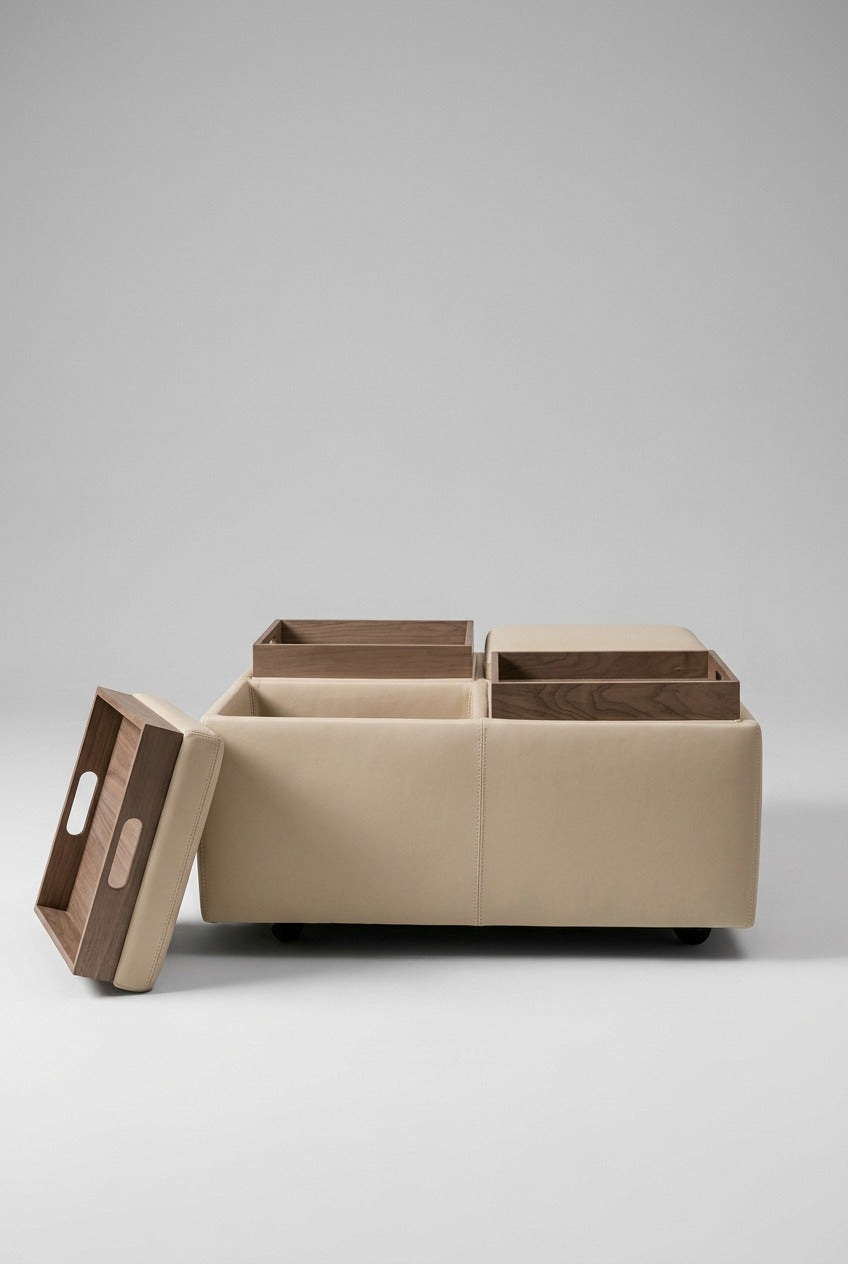 Marin Ottoman - Bison White with Natural Walnut trays