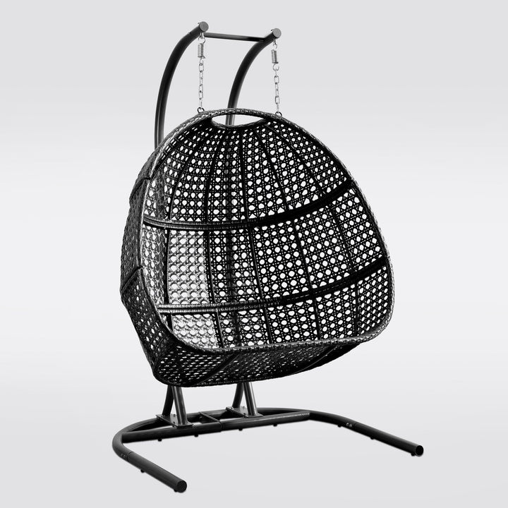 Modern patio hanging egg chair with dust gray cushions