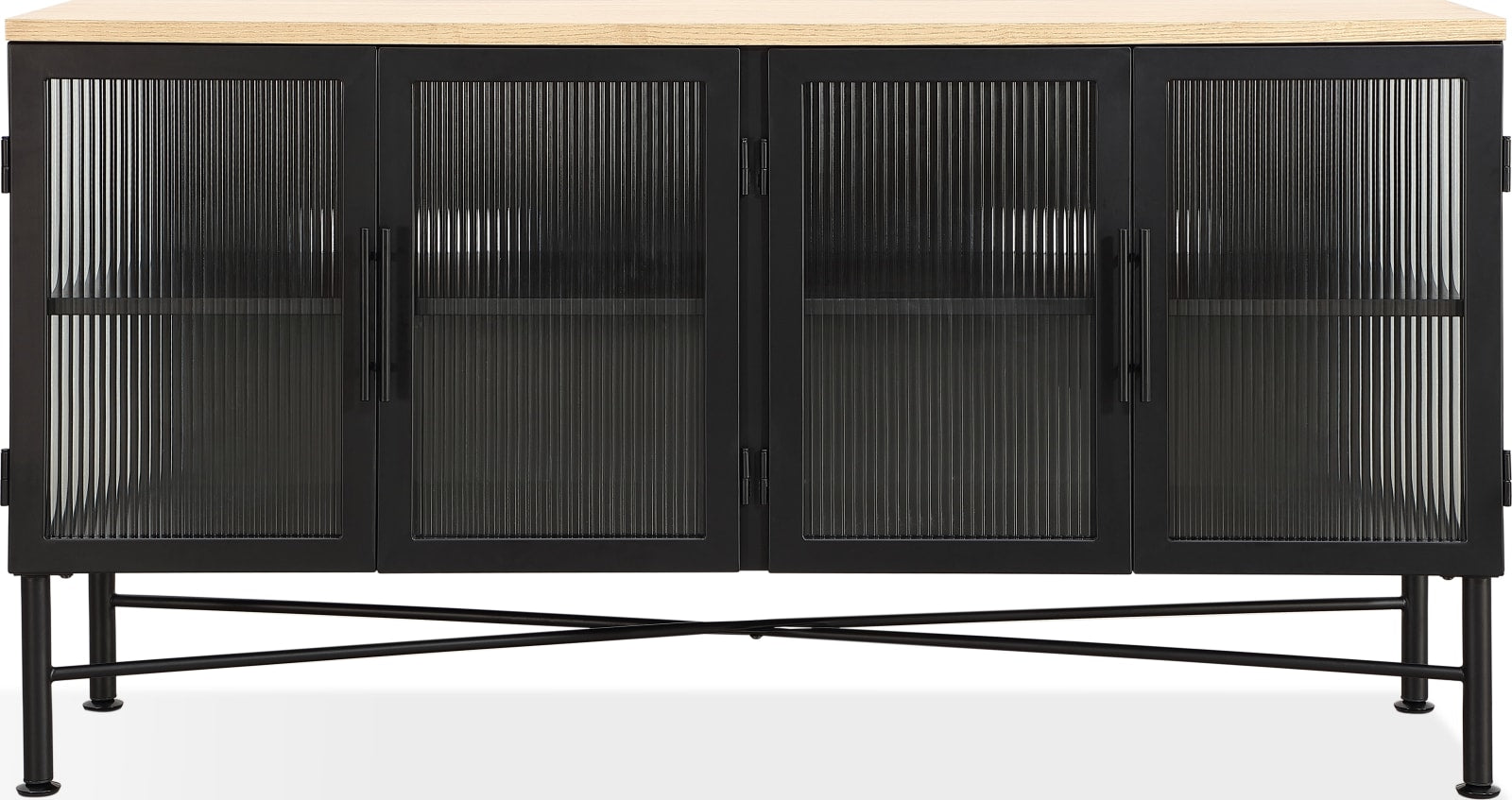 Aere Four Door Ribbed Glass, Metal and Wood Sideboard in Natural Ash and Black – view 2