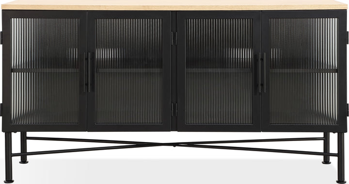 Aere Four Door Ribbed Glass, Metal and Wood Sideboard in Natural Ash and Black – view 2