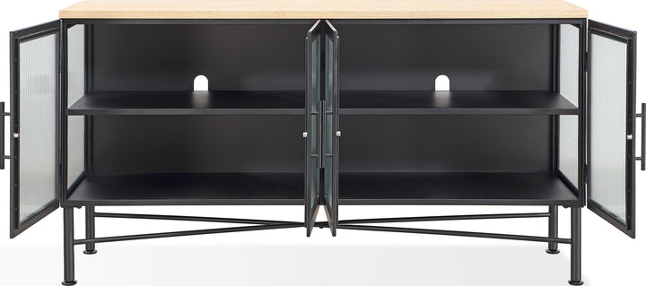 Aere Four Door Ribbed Glass, Metal and Wood Sideboard in Natural Ash and Black – view 4