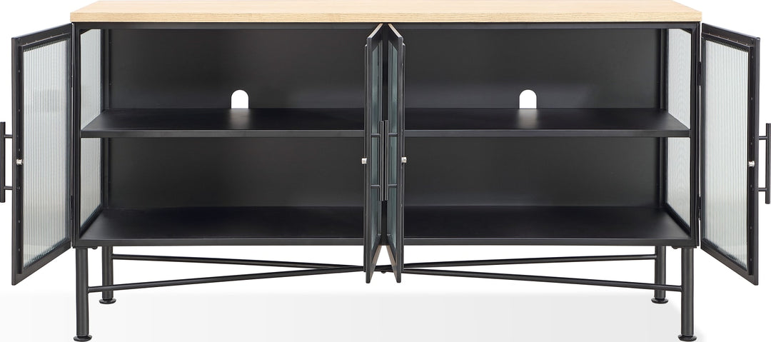 Aere Four Door Ribbed Glass, Metal and Wood Sideboard in Natural Ash and Black – view 4