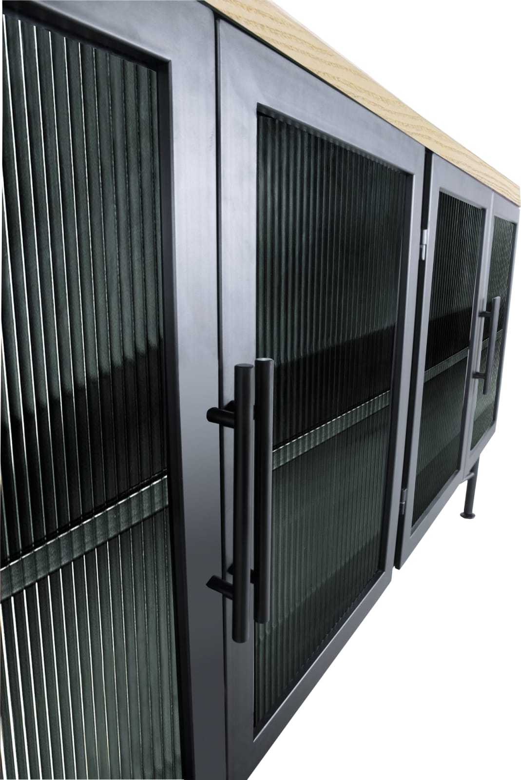 Aere Four Door Ribbed Glass, Metal and Wood Sideboard in Natural Ash and Black – view 5