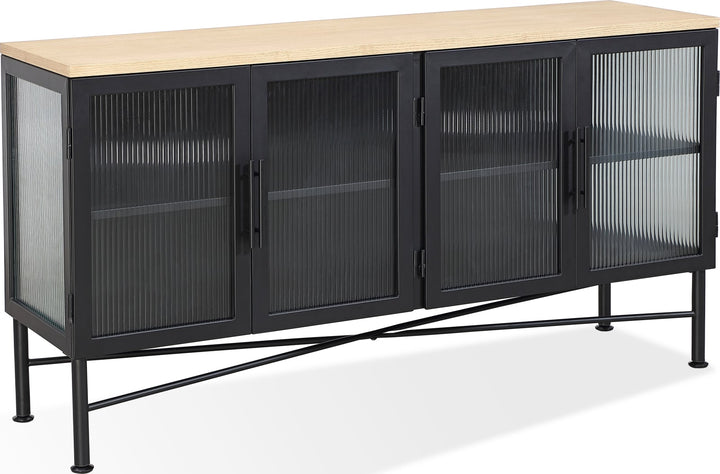 Aere Four Door Ribbed Glass, Metal and Wood Sideboard in Natural Ash and Black – view 6