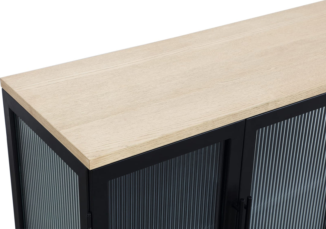 Aere Four Door Ribbed Glass, Metal and Wood Sideboard in Natural Ash and Black – view 7