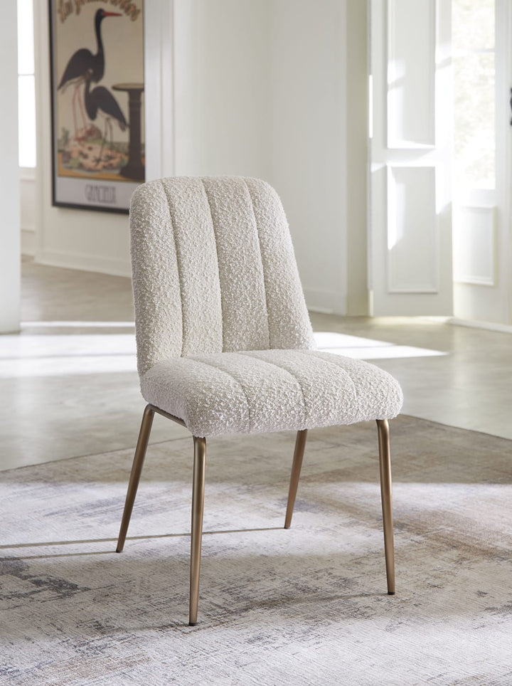 Apollo Upholstered Dining Chair in Ricotta Boucle and Brushed Bronze Metal