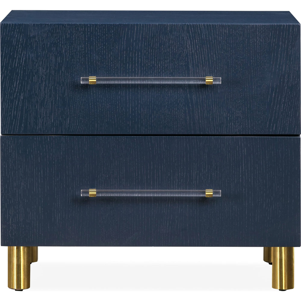 Argento Two Drawer USB Charging Nightstand in Navy Blue and Burnished Brass, side view