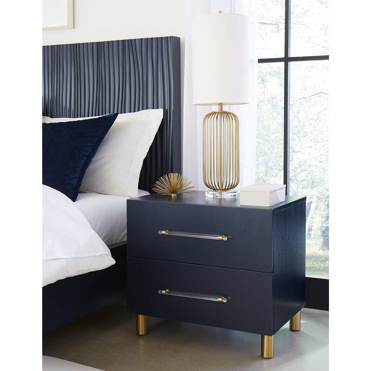Argento Two Drawer USB Charging Nightstand in Navy Blue and Burnished Brass