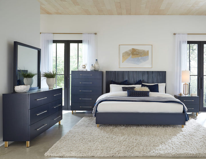 Argento Queen Bed in Navy Blue and Burnished Brass – view 3