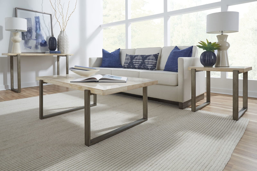 Ariela Natural Travertine Coffee Table with Bronze Metal Base – view 2