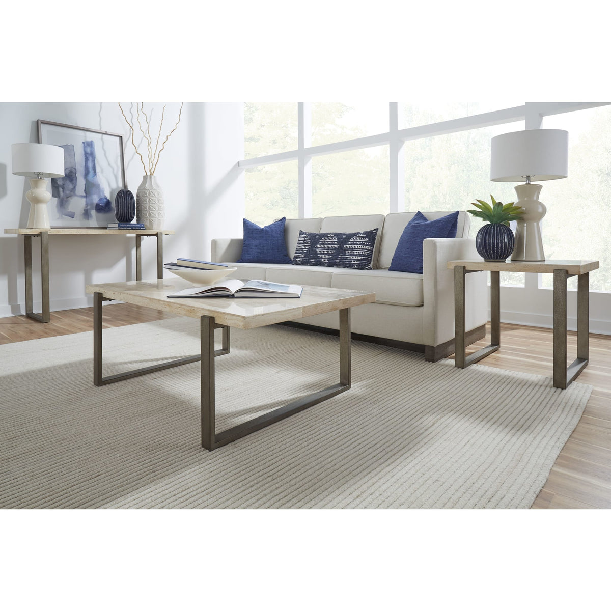 Ariela Natural Travertine Console Table with Bronze Metal Base