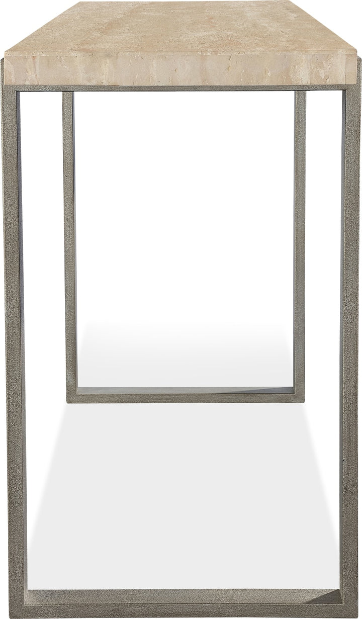 Ariela Natural Travertine Console Table with Bronze Metal Base – view 7