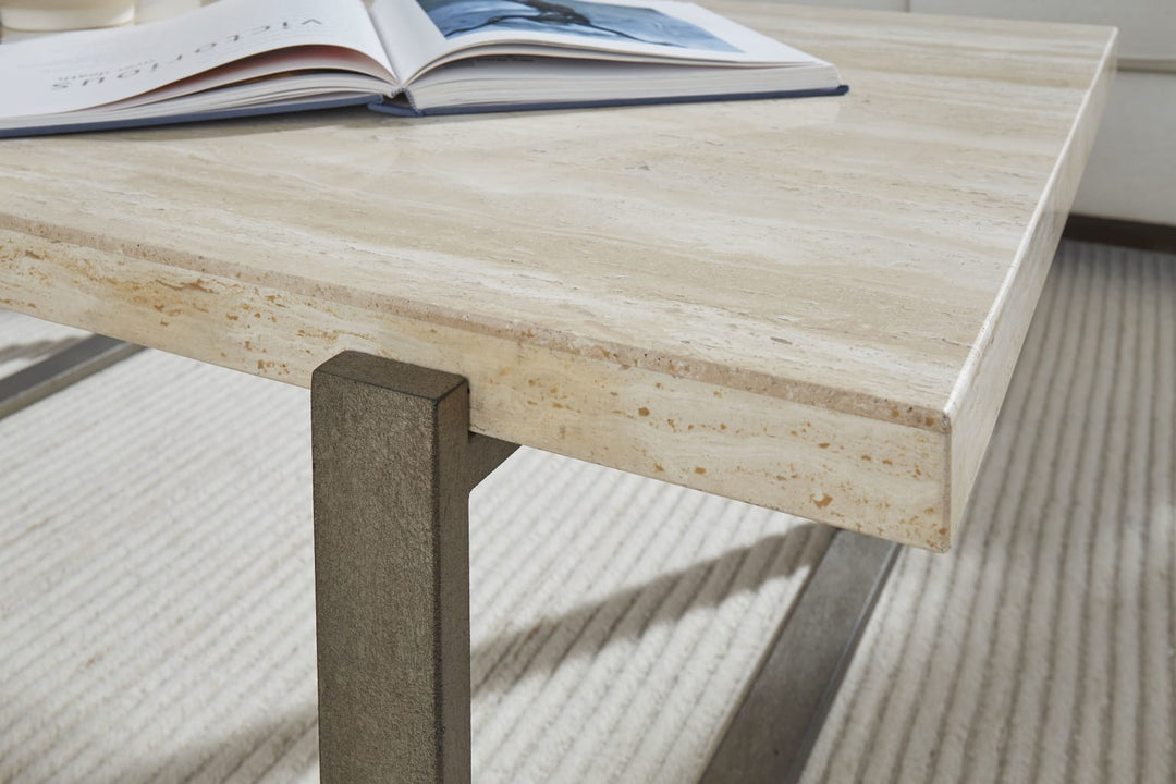 Ariela Natural Travertine End Table with Bronze Metal Base – view 3