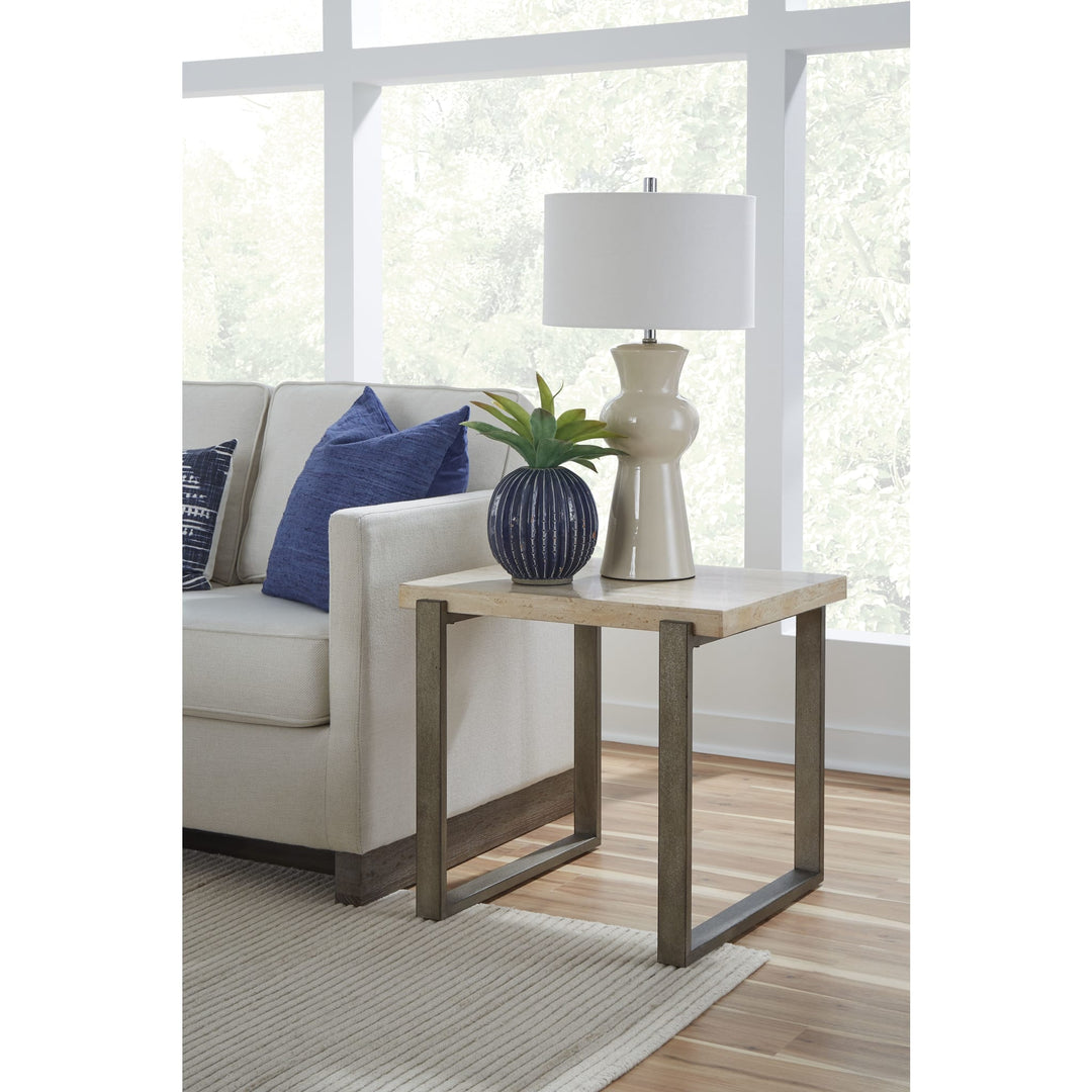 Ariela Natural Travertine Coffee Table with Bronze Metal Base