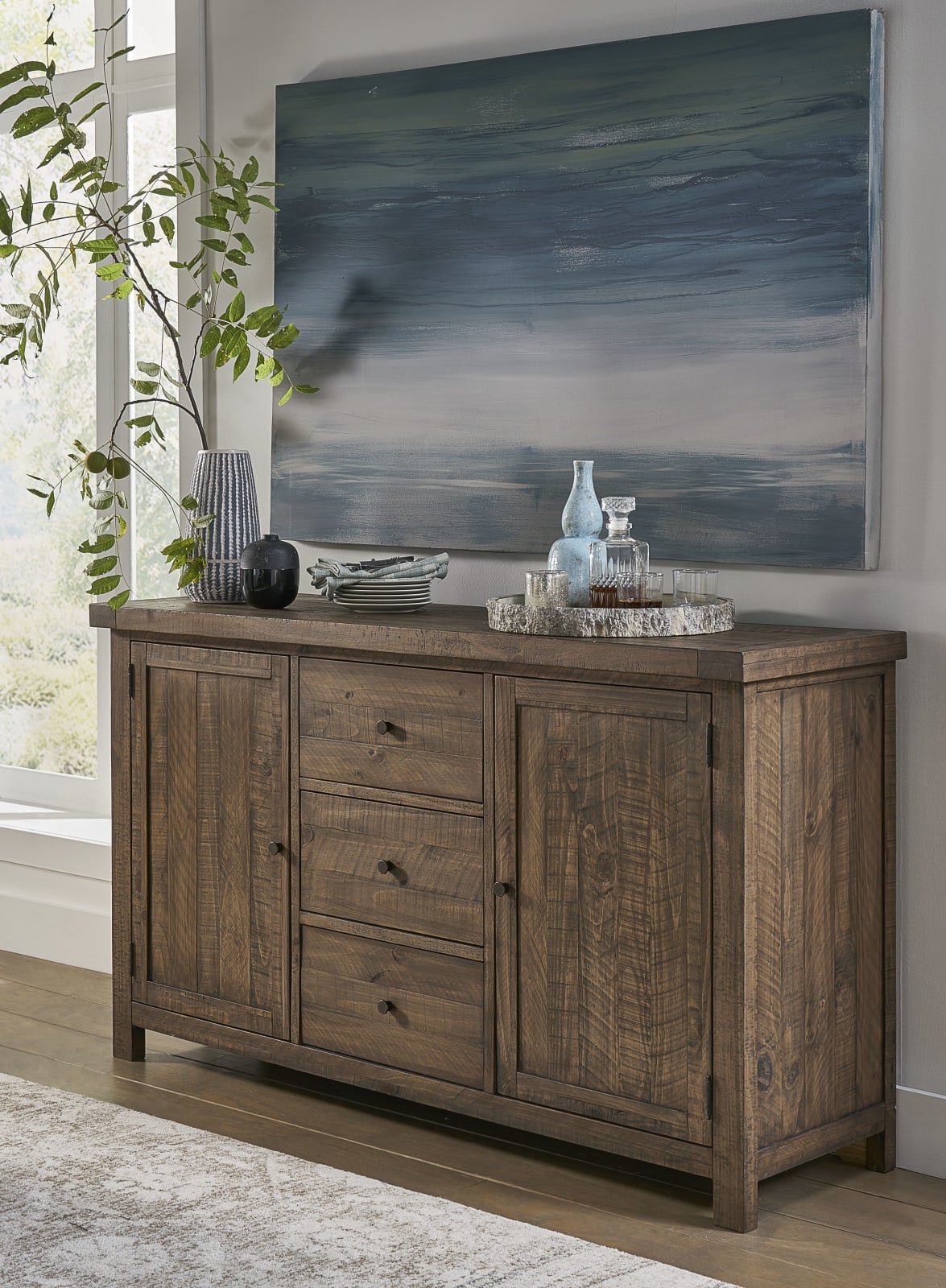 Autumn Solid Wood Three Drawer Two Door Sideboard in Flint Oak