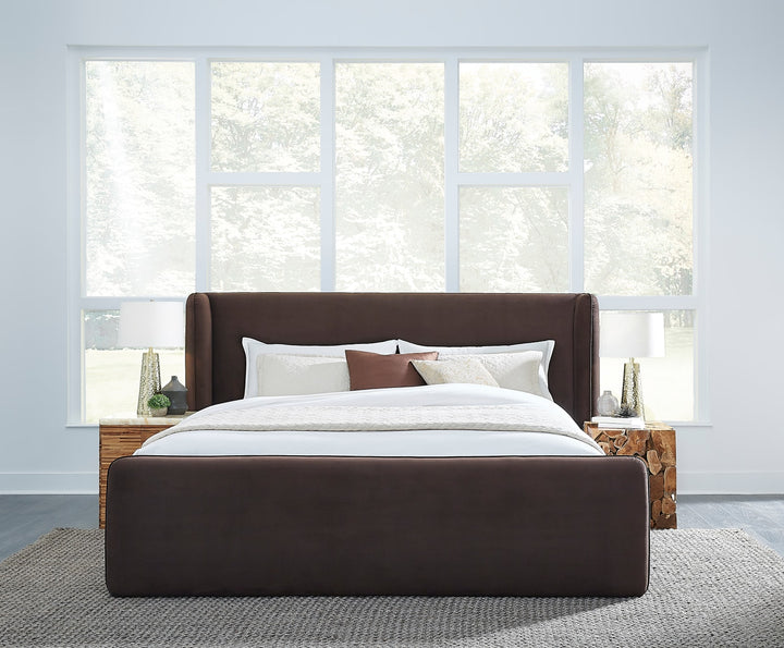 Bacall Queen-size Velvet Upholstered Wingback Platform Bed in Cola