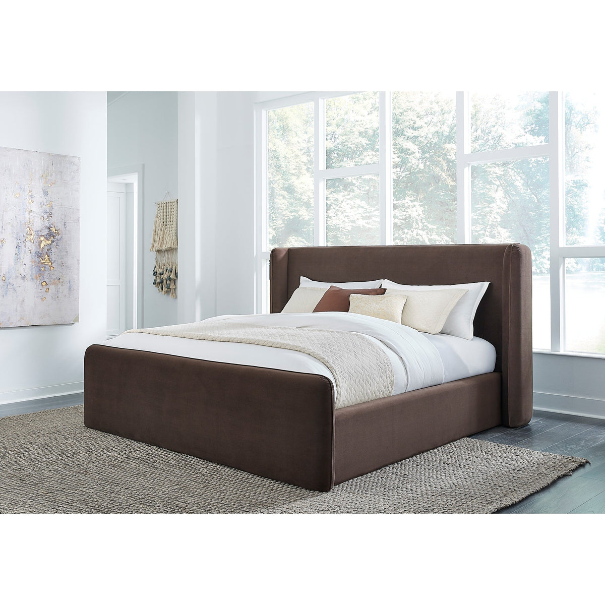 Bacall California King Velvet Upholstered Wingback Platform Bed in Cola