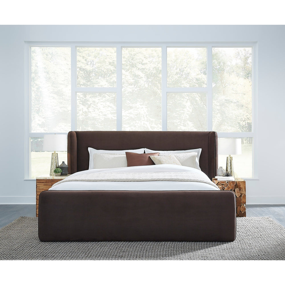 Bacall California King Velvet Upholstered Wingback Platform Bed in Cola