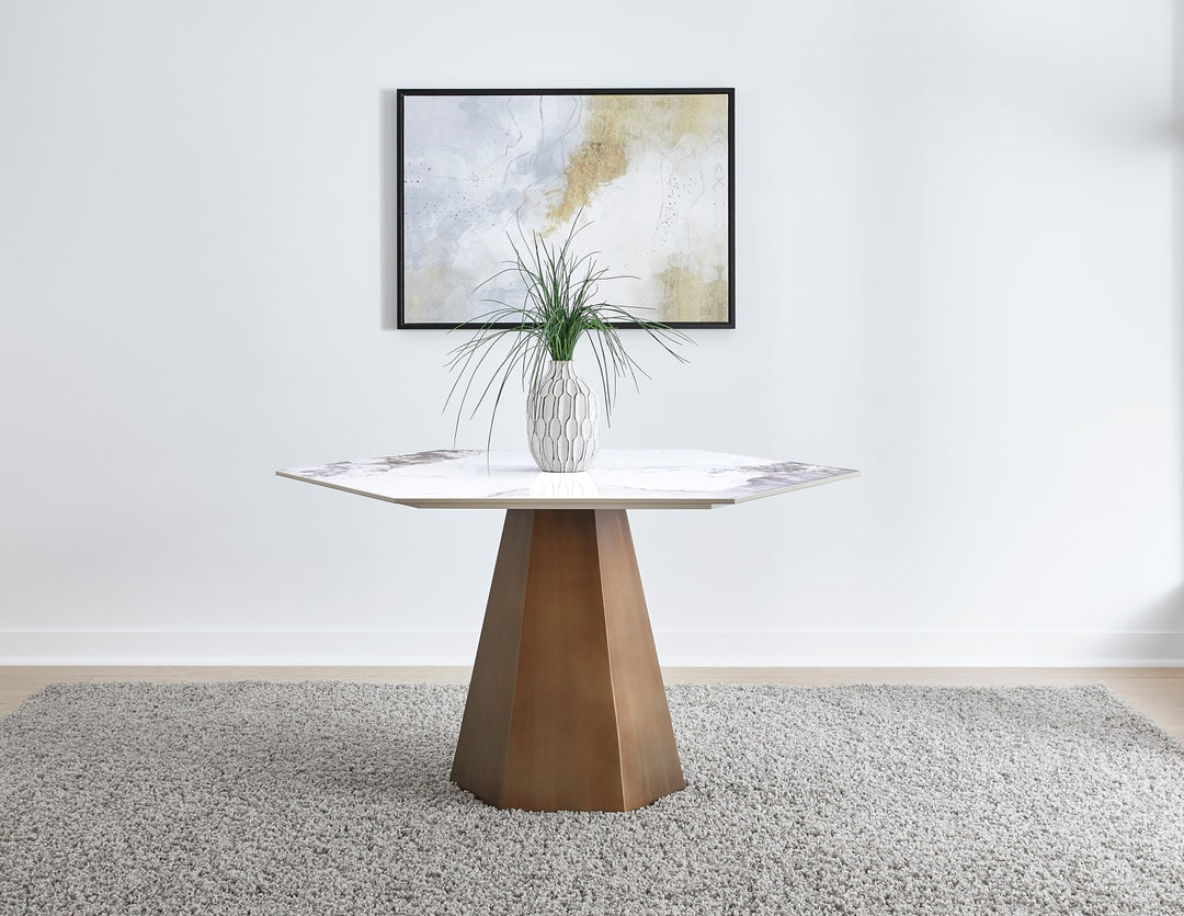 Balos Stone Top Hexagonal Dining Table in Chanelle and Bronze