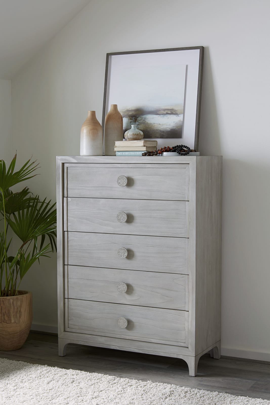 Boho Chic Five-Drawer Chest in Washed White (2024)