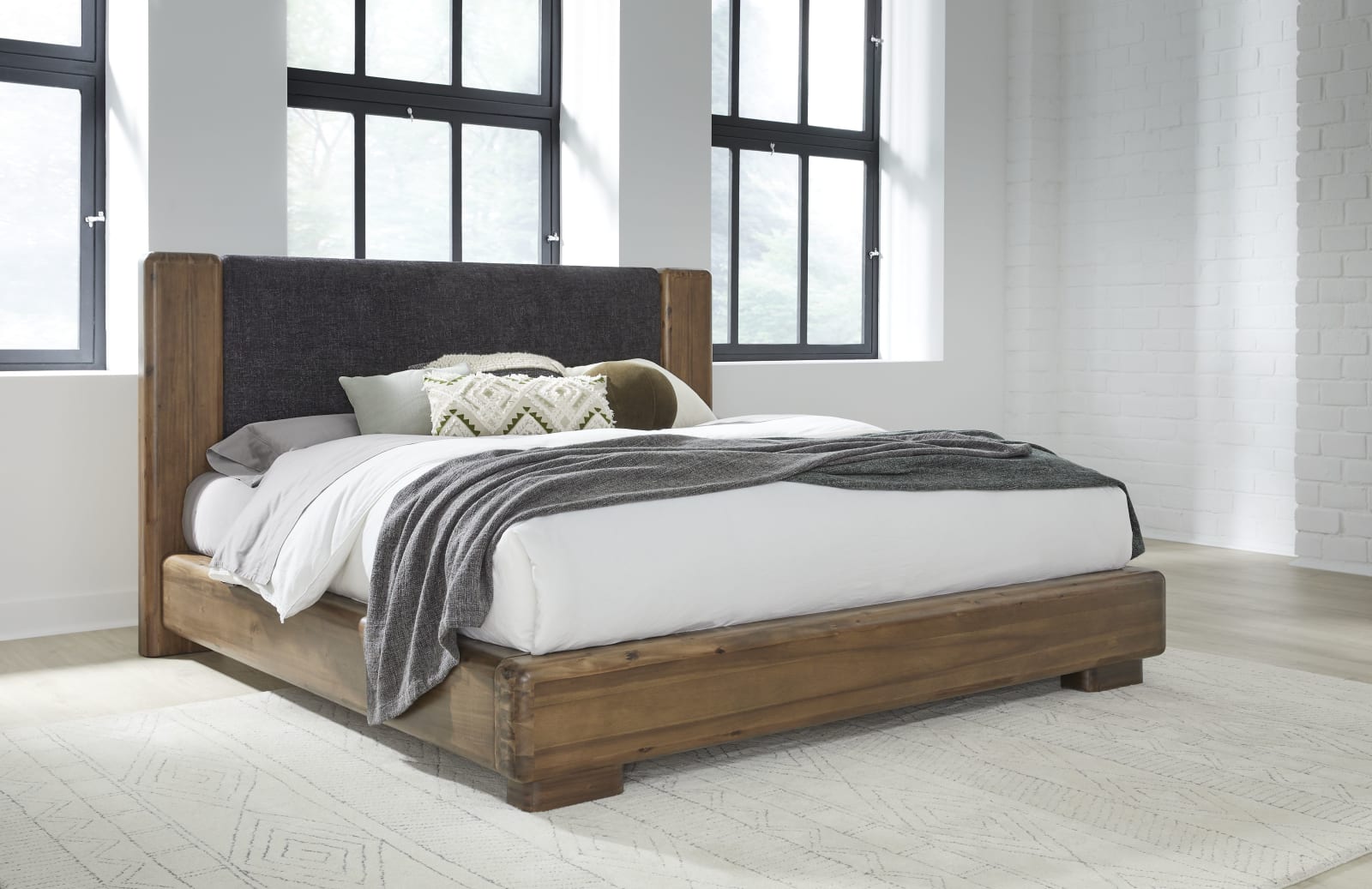 Boka Queen-Size Chenille Upholstered Platform Bed in Black and Impala