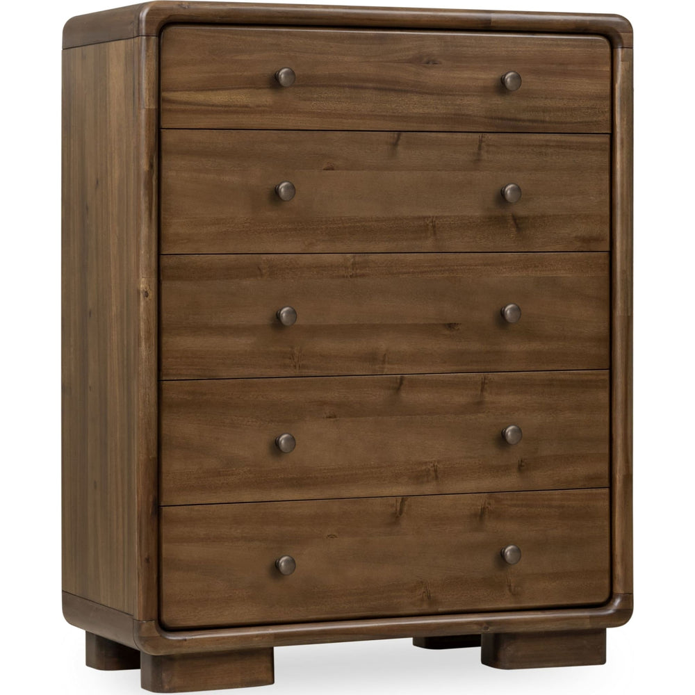 Boka Five Drawer Acacia Wood Chest in Impala, detail view