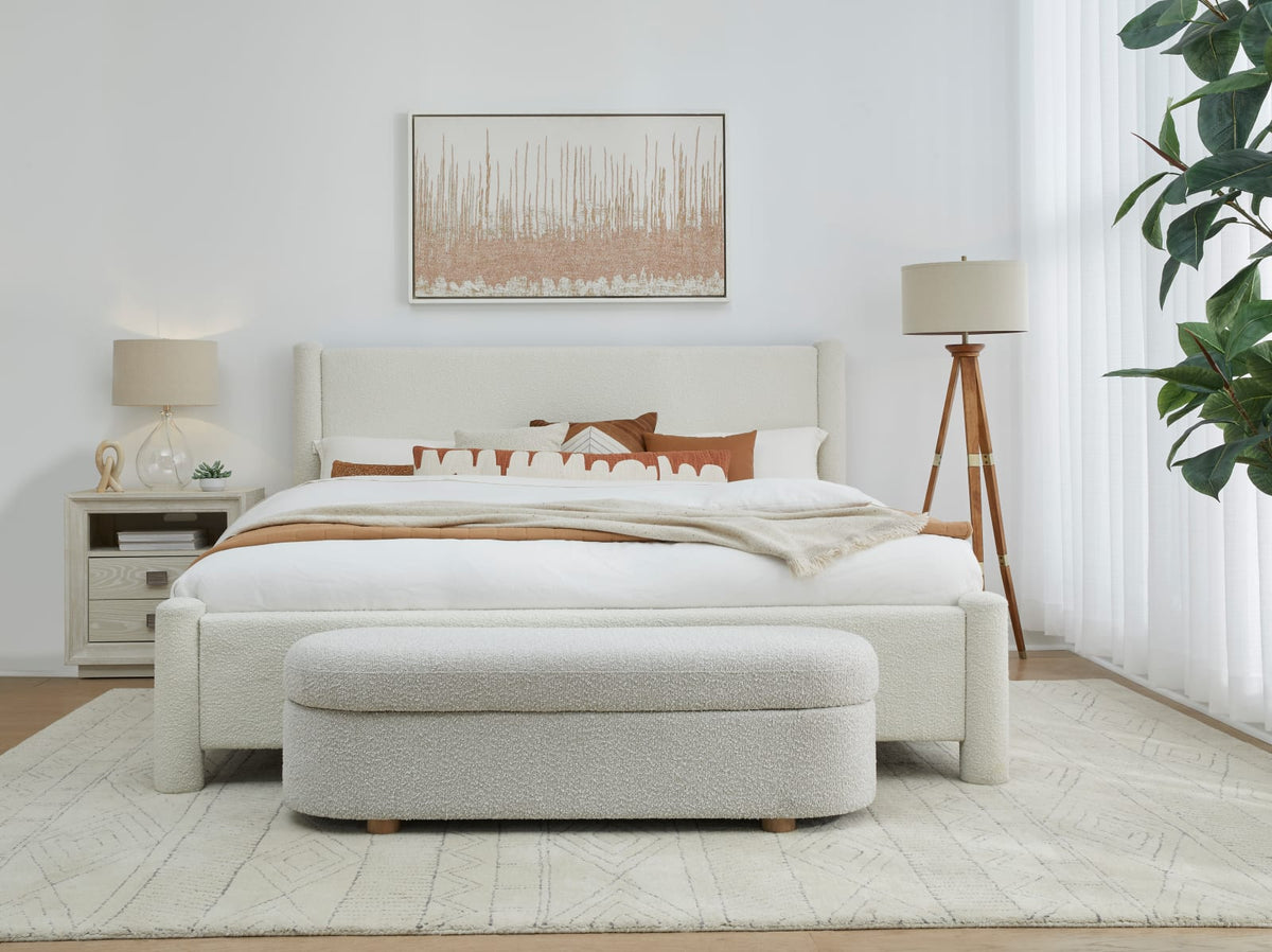 Burke Queen-size Upholstered Platform Bed in Cottage Cheese Boucle view 2