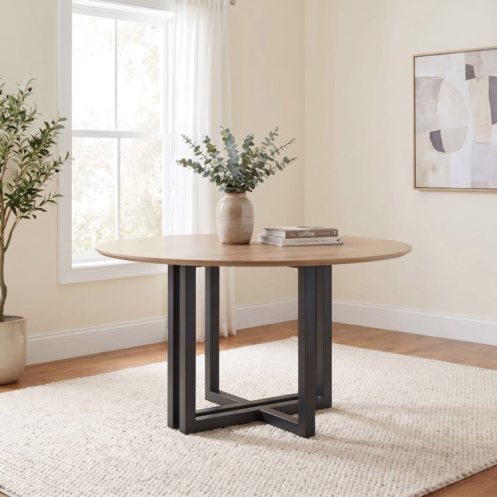 CEO Wood Pattern Round Sintered Stone Dining Table in Gunmetal and Washed Oak