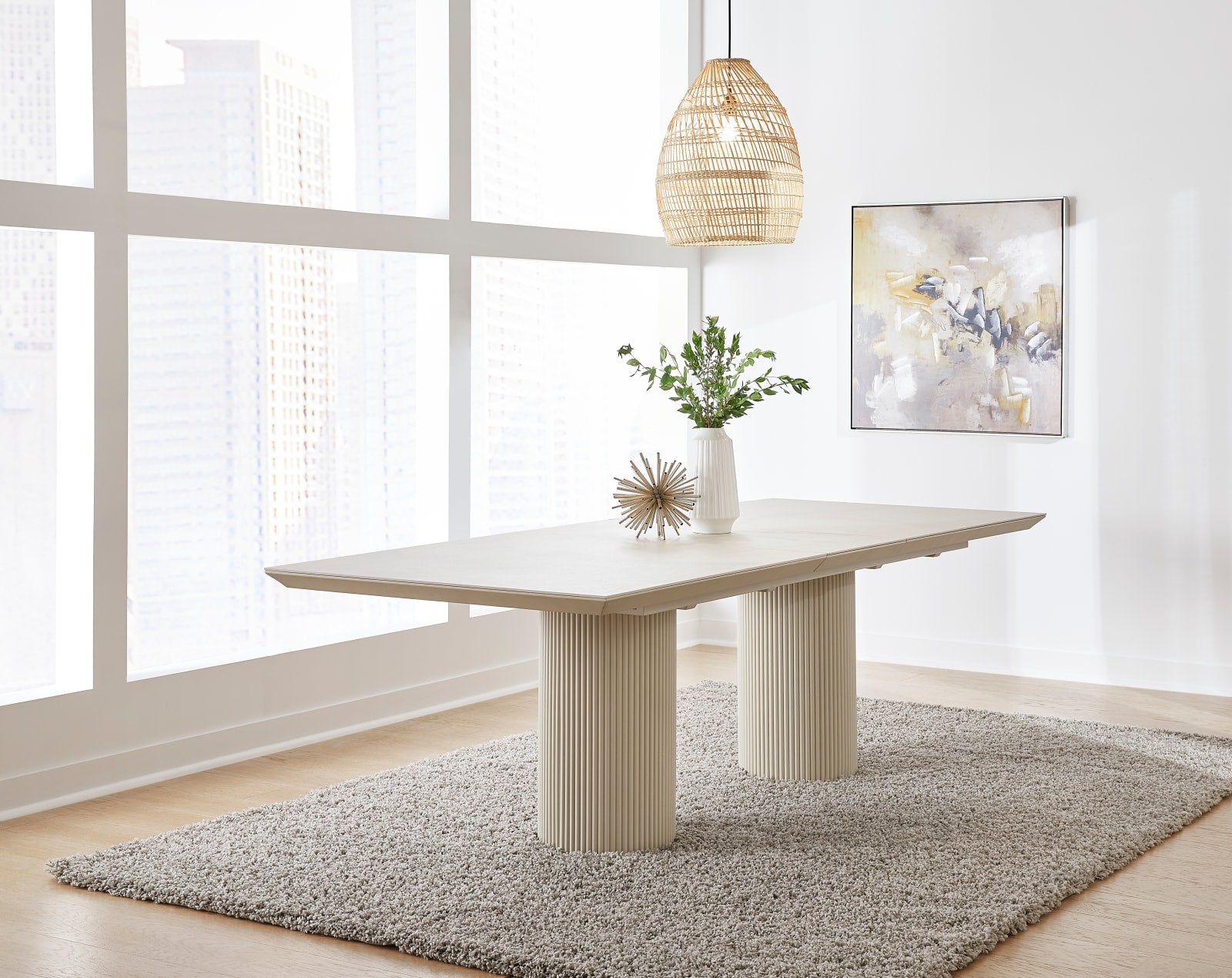 Cannon Stone Top Double Pedestal Extension Dining Table with Ivory Wood Base