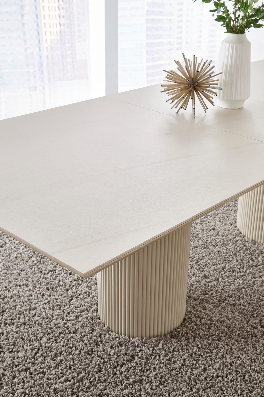Cannon Stone Top Double Pedestal Extension Dining Table with Ivory Wood Base – view 2