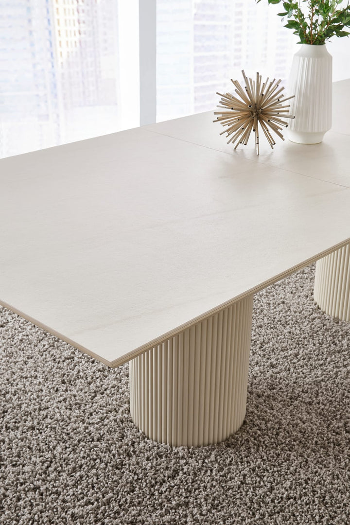 Cannon Stone Top Double Pedestal Extension Dining Table with Ivory Wood Base – view 2