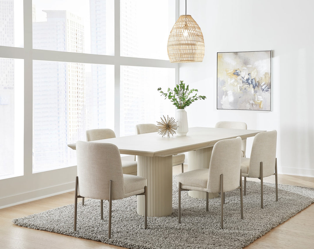 Cannon Stone Top Double Pedestal Extension Dining Table with Ivory Wood Base – view 4