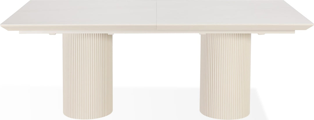 Cannon Stone Top Double Pedestal Extension Dining Table with Ivory Wood Base – view 8