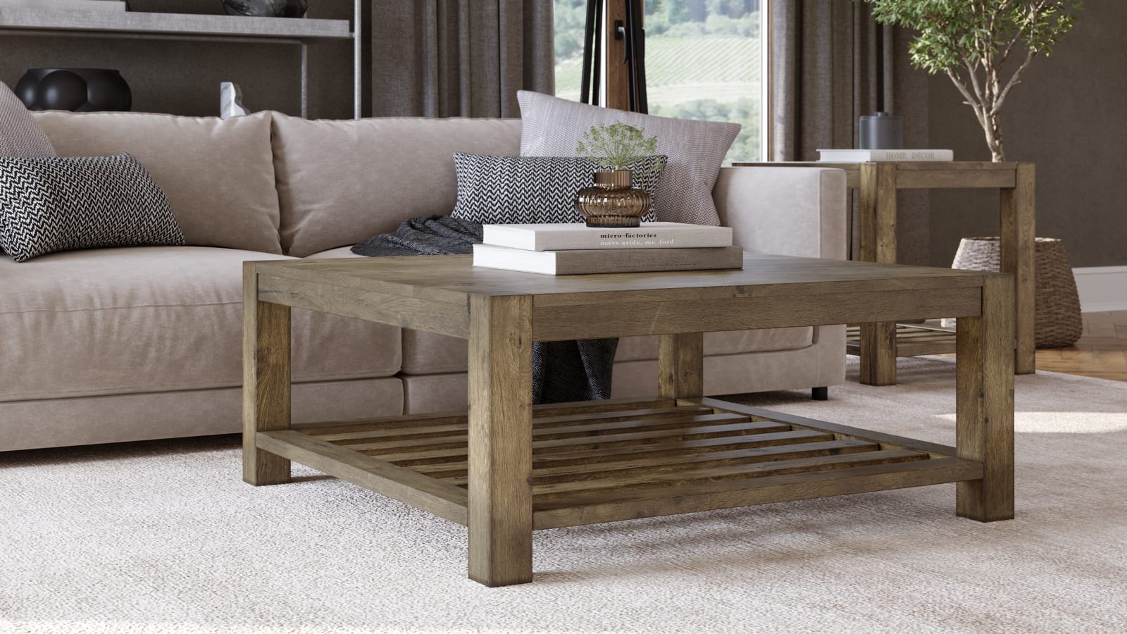 Canyon Solid Wood Square Coffee Table in Washed Grey – view 2