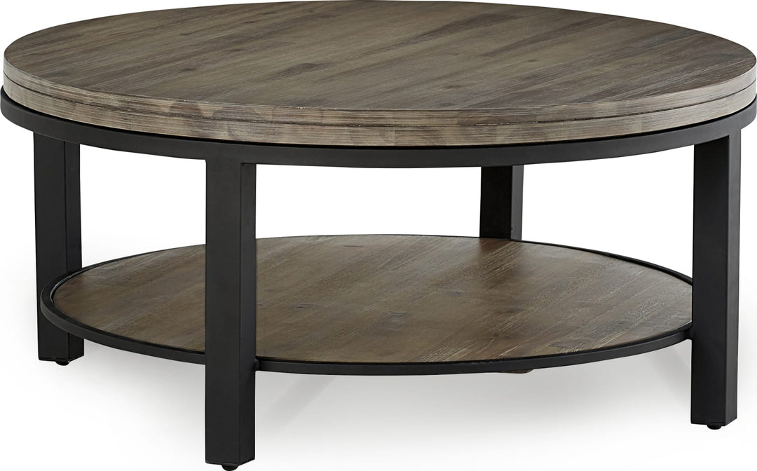 Canyon Solid Wood and Metal Round Coffee Table in Washed Grey – view 3