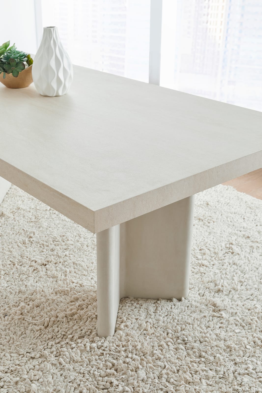 Caye Stone Top Double Pedestal Dining Table with Ivory Cement Base – view 2