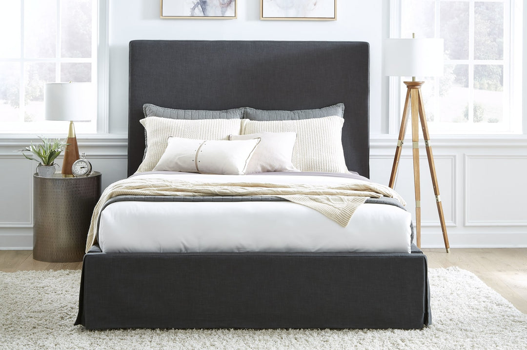 Cheviot Queen-Size Upholsterd Skirted Storage Panel Bed in Iron