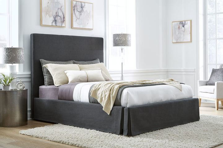 Cheviot Queen-Size Upholsterd Skirted Storage Panel Bed in Iron – view 2
