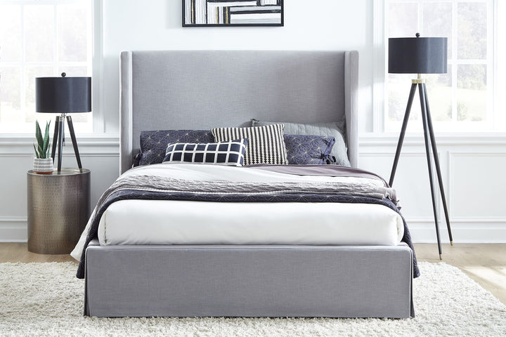 Cresta Full-Size Upholstered Skirted Storage Panel Bed in Fog