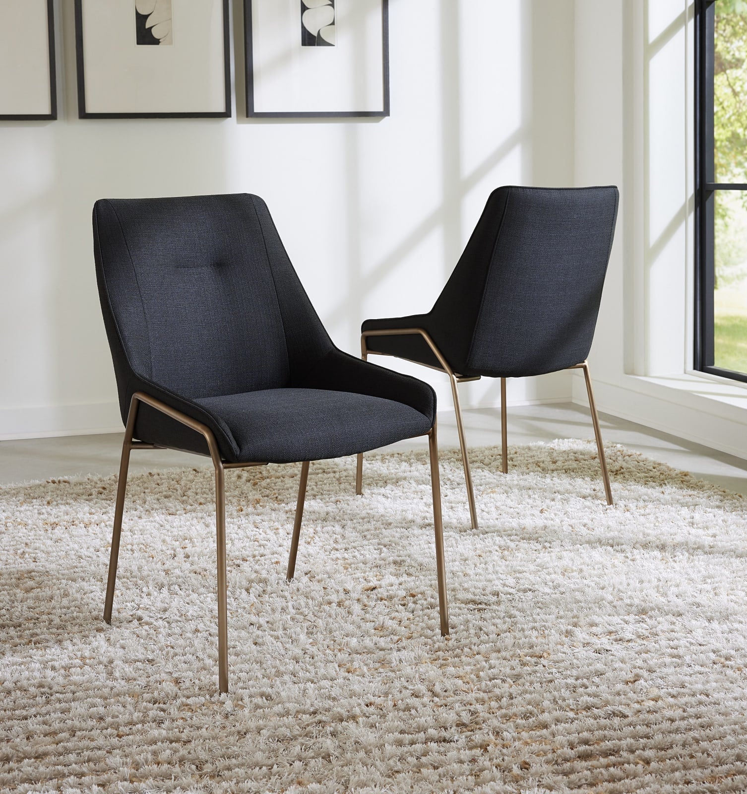 Cyrus Upholstered Dining Chair in Coal Fabric and Brushed Bronze Metal – view 2