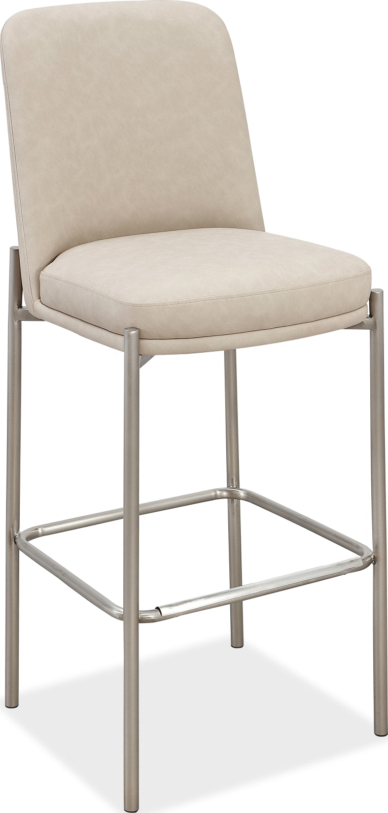 Dion Upholstered Bar Stool in Camel Synthetic Leather and Brushed Nickel Metal – view 2