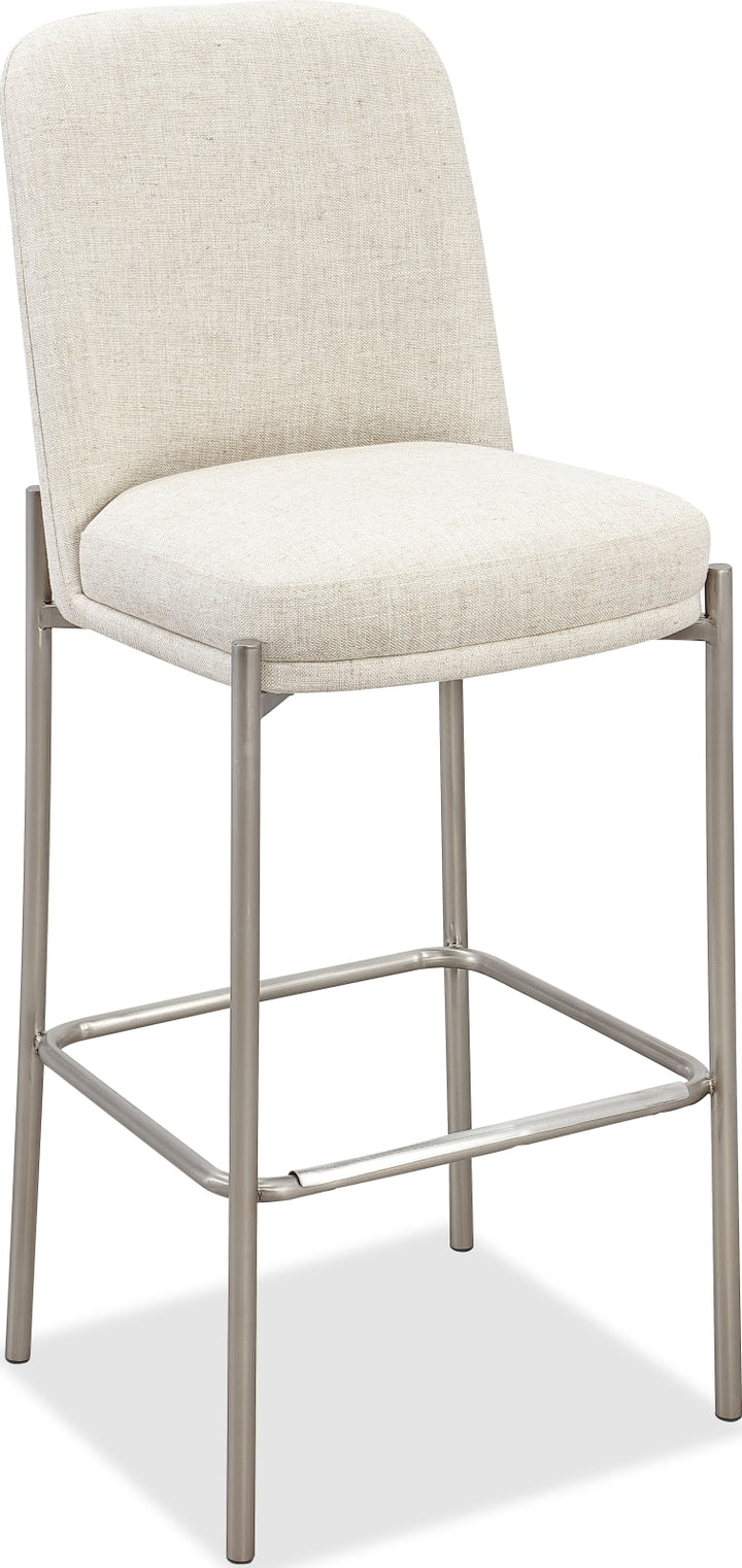 Dion Upholstered Bar Stool in Natural Light Linen and Brushed Nickel Metal – view 2