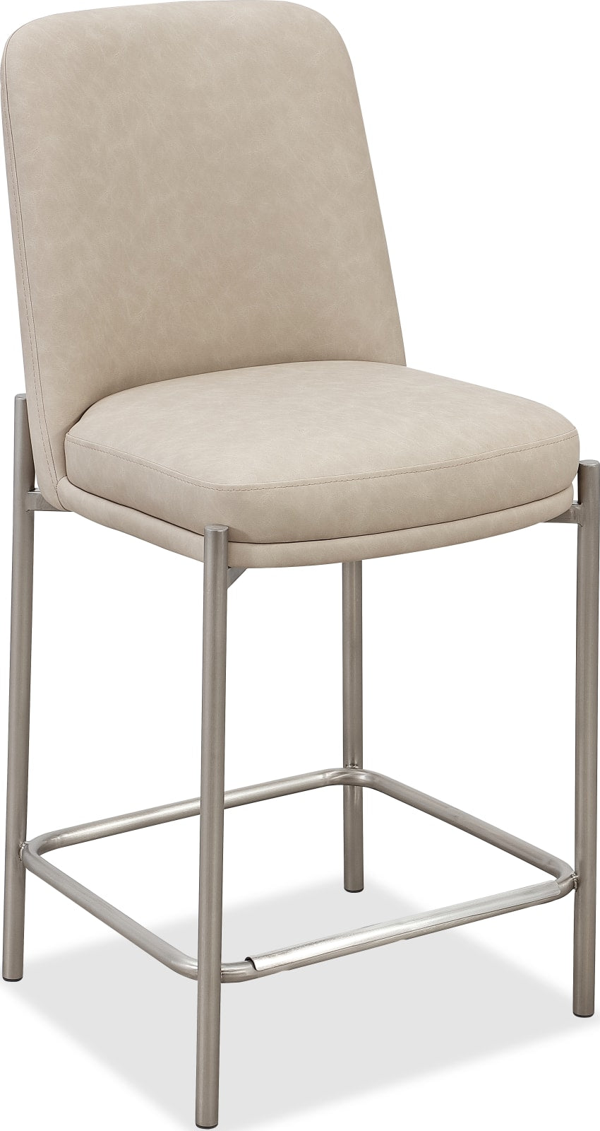Dion Upholstered Counter Stool in Camel Synthetic Leather and Brushed Nickel Metal – view 2