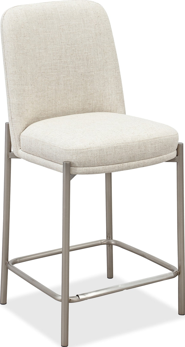 Dion Upholstered Counter Stool in Natural Light Linen and Brushed Nickel Metal – view 2