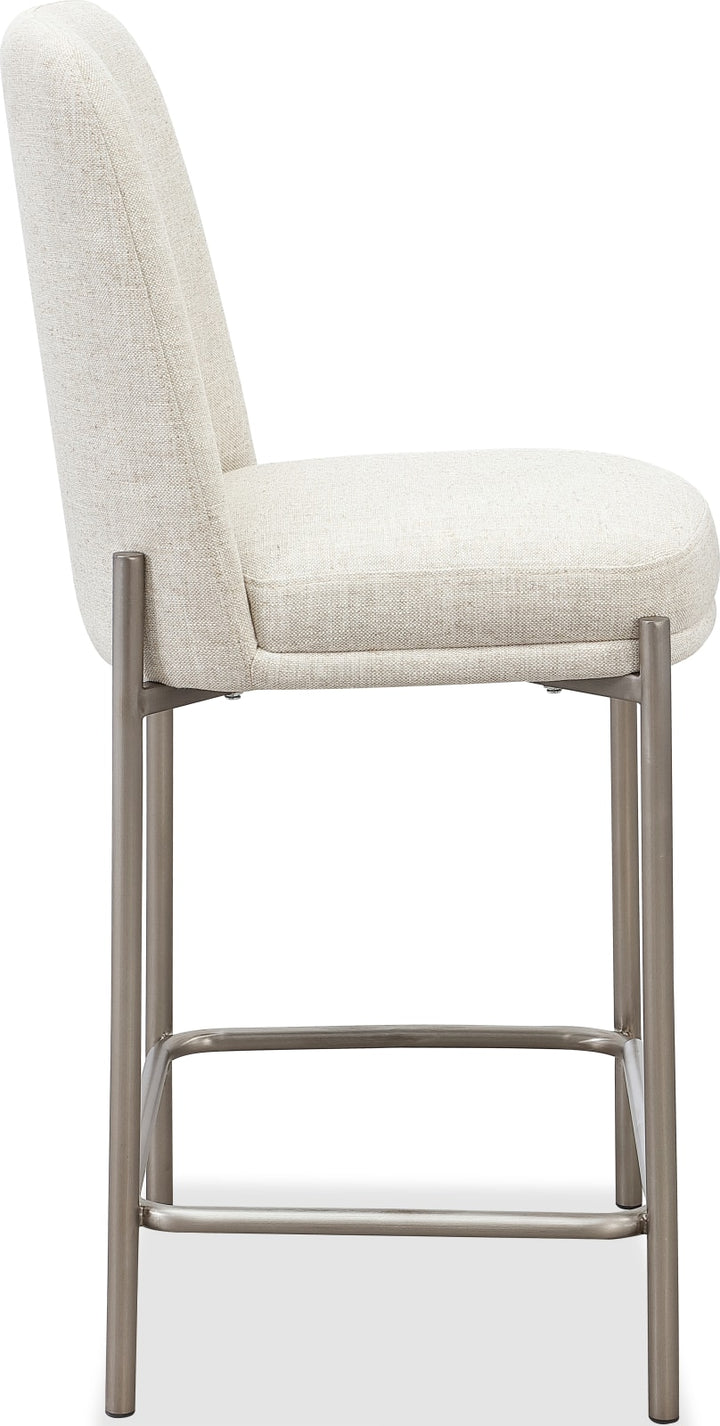 Dion Upholstered Counter Stool in Natural Light Linen and Brushed Nickel Metal – view 3