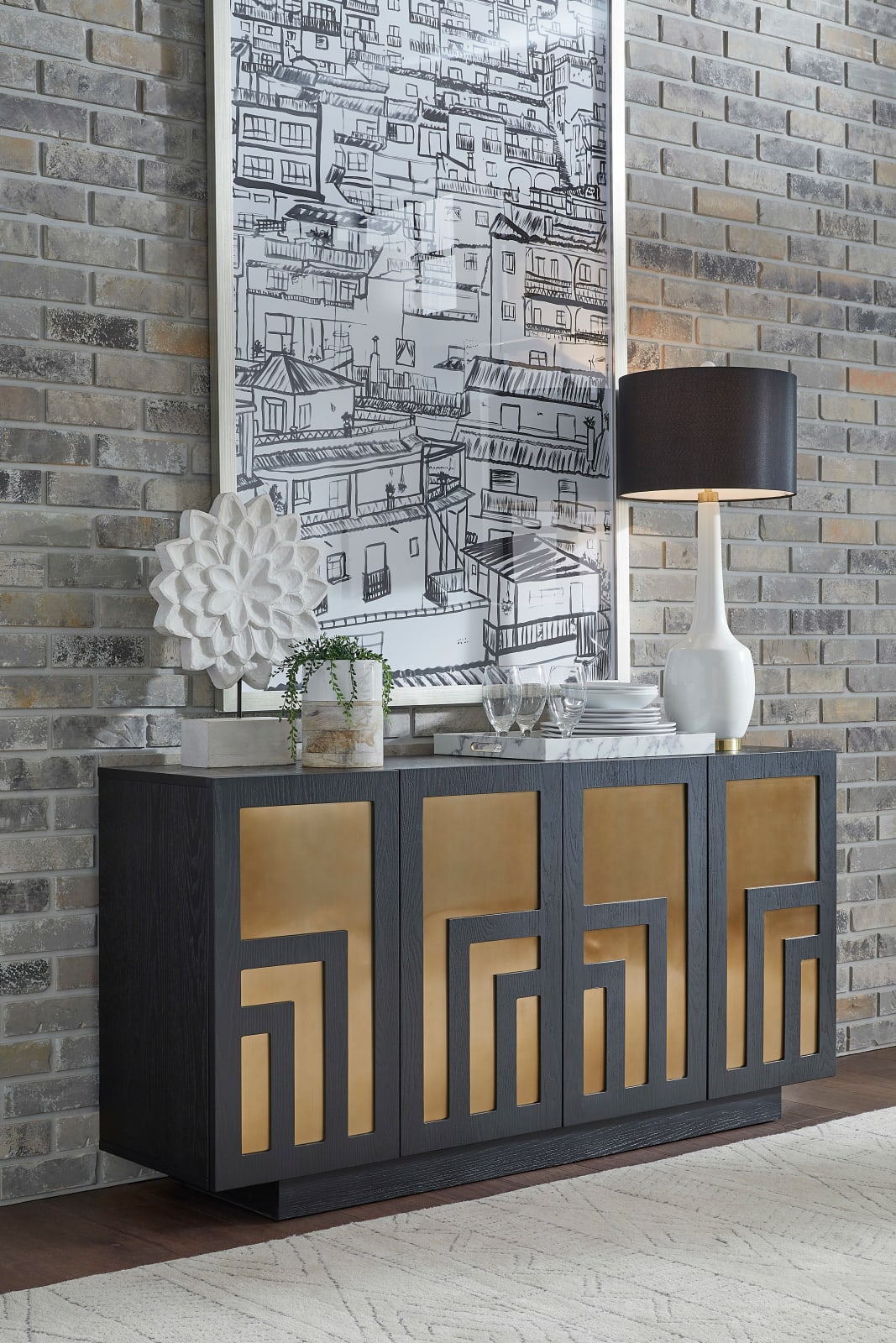 Doheny Wood and Metal  Two Door Sideboard in Black and Brass
