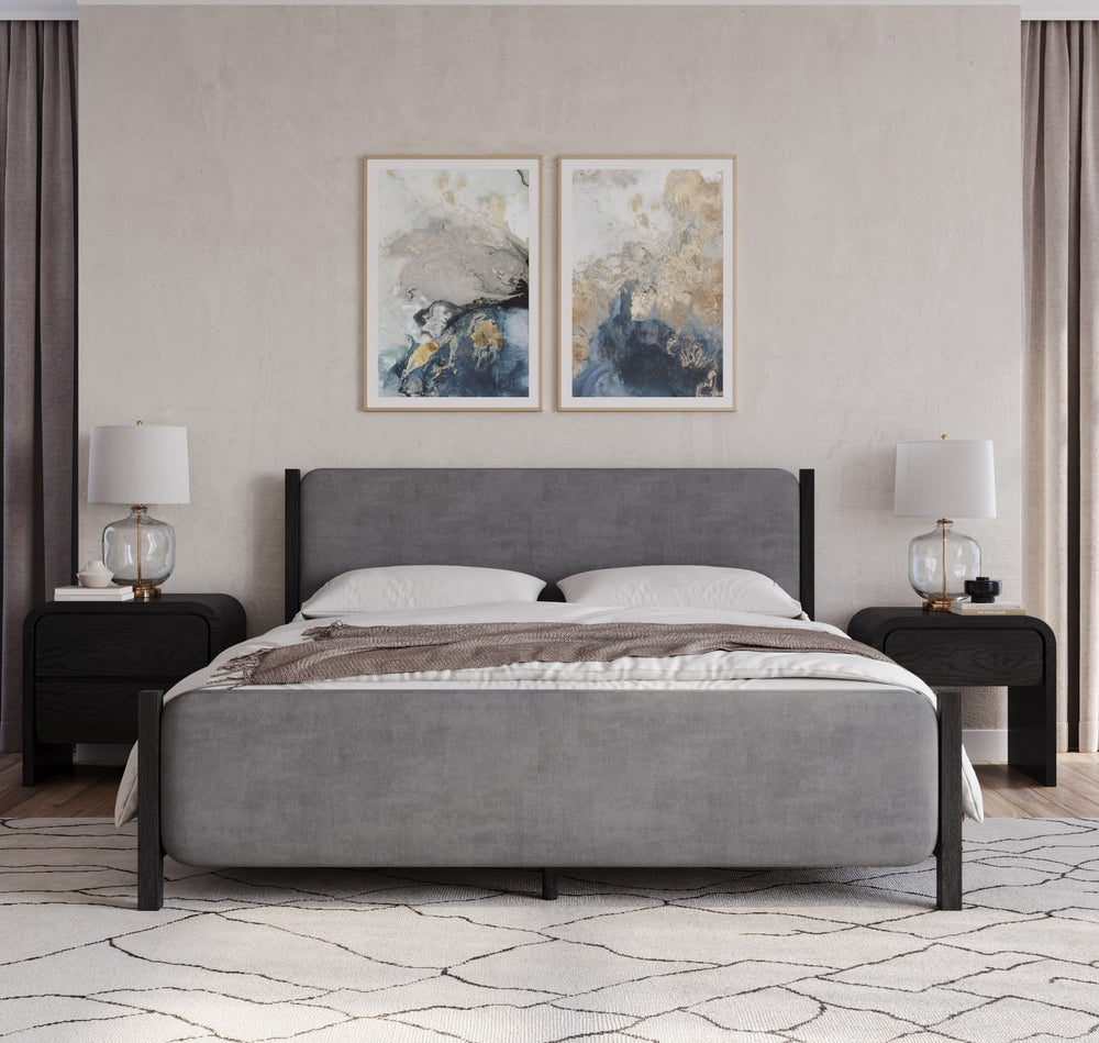 Elora California King-size Wood and Velvet Upholstered Bed in Jet and Charcoal