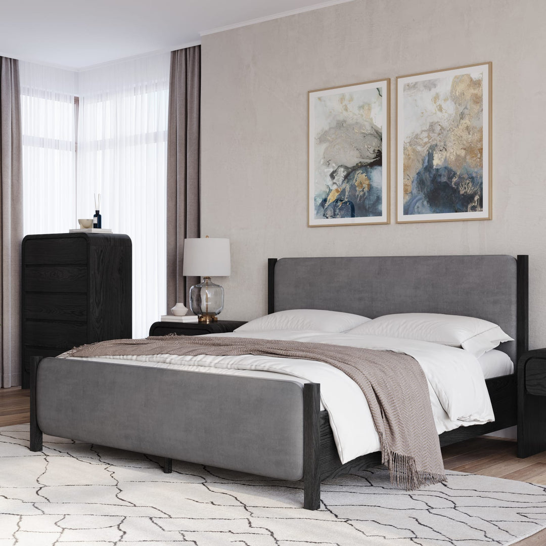 Elora King-size Wood and Velvet Upholstered Bed in Jet and Charcoal – view 2
